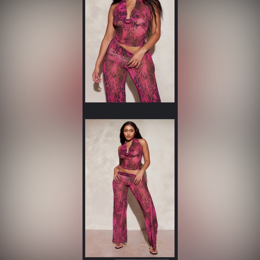 Print leopard print mesh pant set